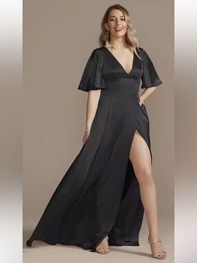 GALINA SIGNATURE Charmeuse Flutter-Sleeve A-Line Dress